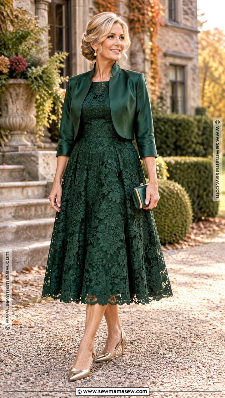 Forest Green Tea Length Lace Mother Of The Bride Dress - 20 Mother Of The Bride Dresses Fall Wedding