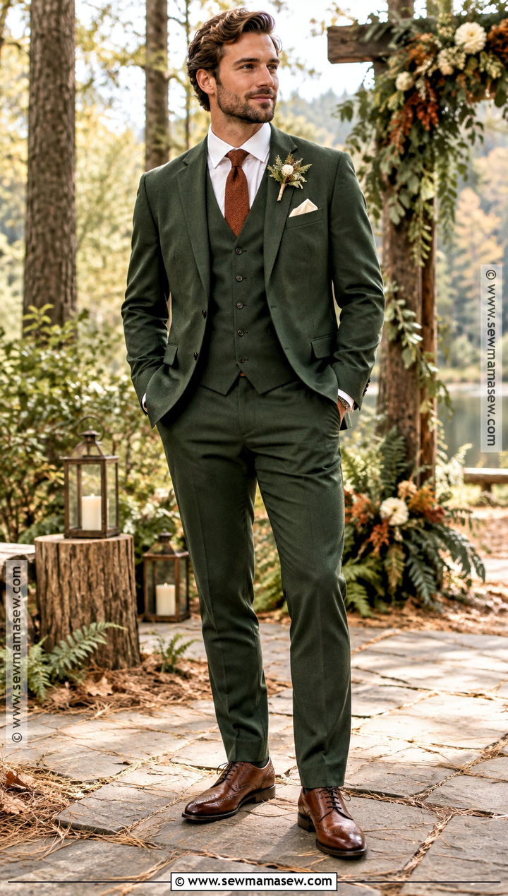 Forest Green Three Piece Groom Suit - 15 fall wedding attire for groom ideas