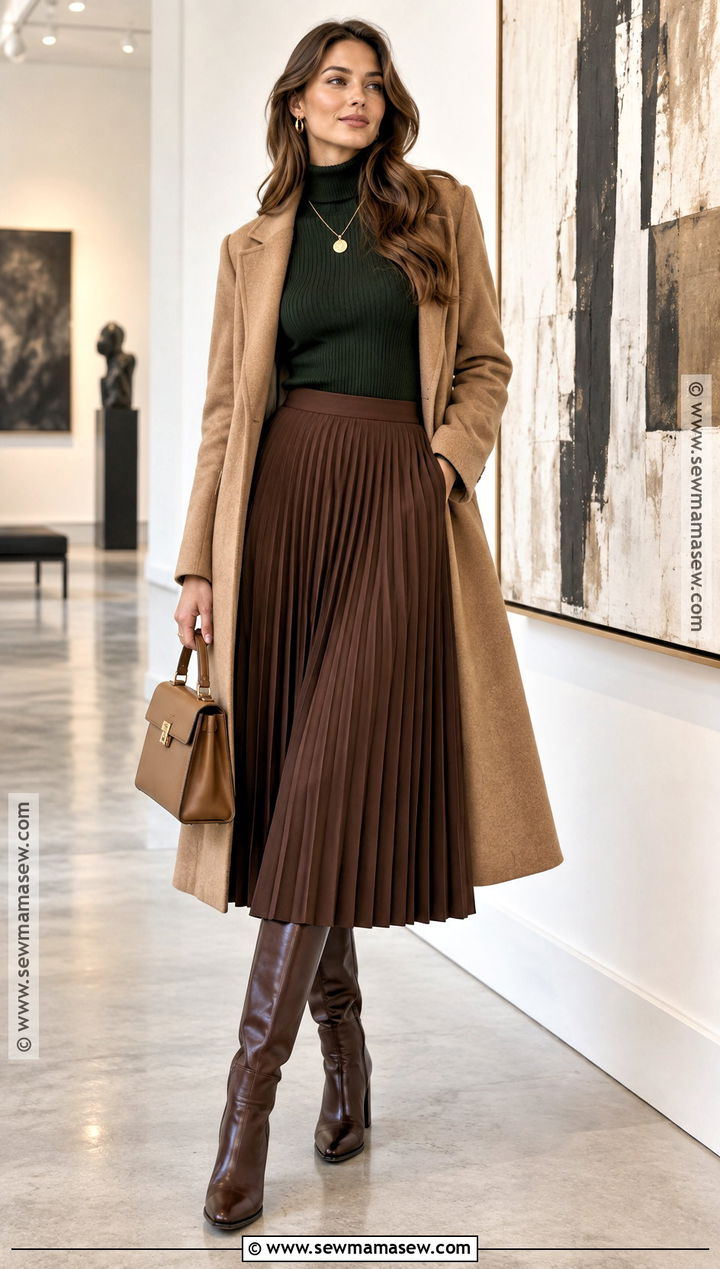 Forest Green Turtleneck And Brown Midi Skirt Outfit - 25 earthy fall outfits