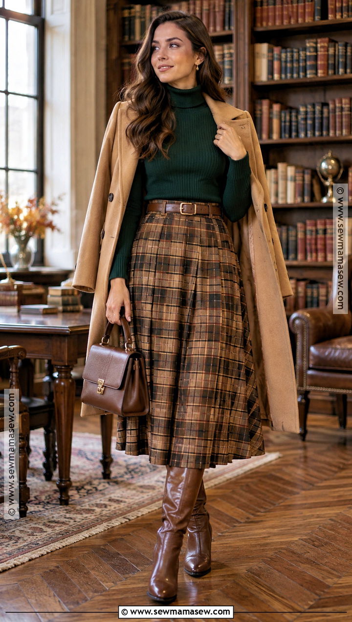 Forest Green Turtleneck and Plaid Skirt Fall Outfit - 25 green fall outfit ideas