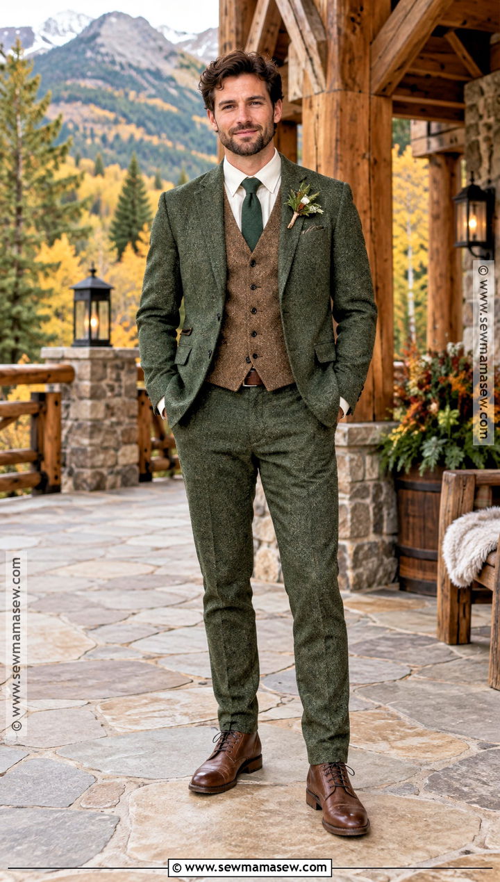 Forest Green Tweed Suit With Brown Vest - 15 fall wedding tux groom attire green ideas