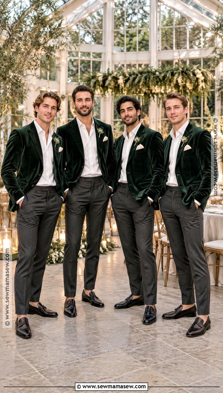Forest Green Velvet Blazer With Charcoal Trousers - 15 fall boho groomsmen attire ideas