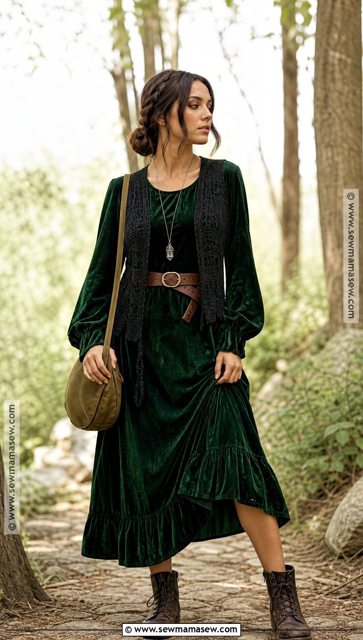 Forest Green Velvet Boho Witch Outfit - 30 Boho Witch Outfits
