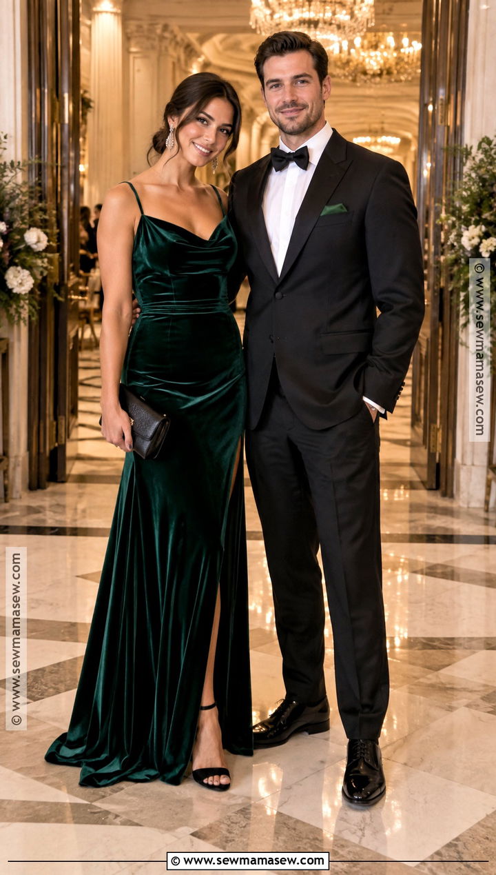 Forest Green Velvet Dress And Black Tuxedo Fall Wedding Guest Couple Outfit - 15 Wedding Guest Couple Outfit Fall Ideas