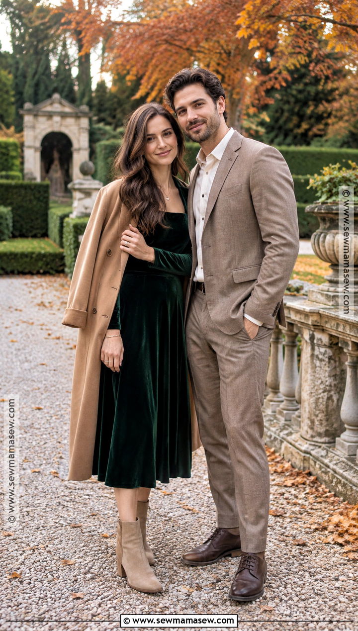 Forest Green Velvet Dress Autumn Engagement Photo Outfit - 20 autumn engagement photos outfits