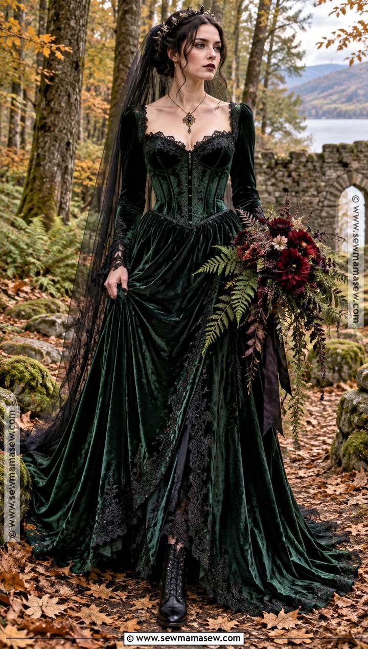 Forest Green Velvet Gothic Wedding Dress - 15 Gothic Fall Wedding Dress Ideas