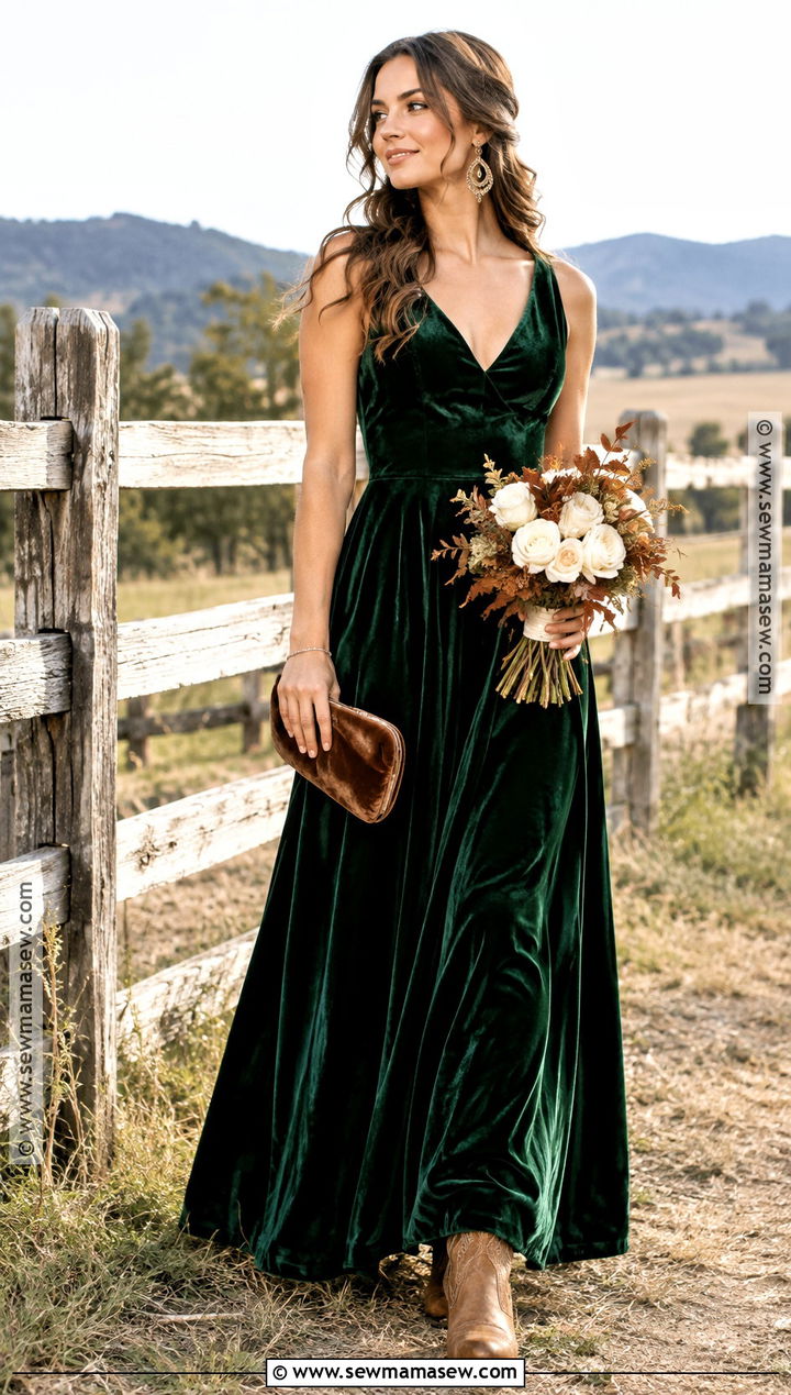Forest Green Velvet Western Bridesmaid Dress With Tan Boots - 15 Western Fall Bridesmaid Dresses