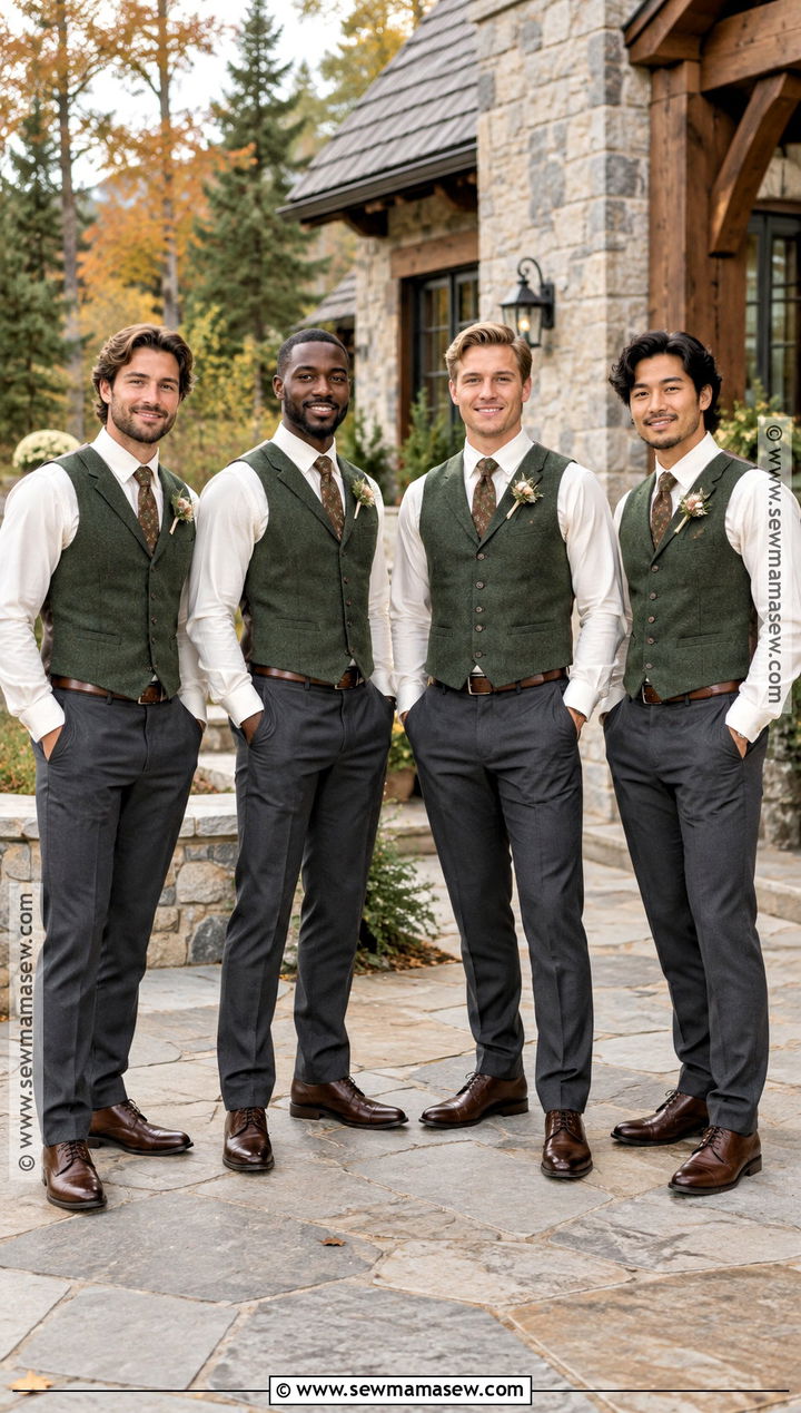 Forest Green Vest And Charcoal Trousers Groomsmen Attire - 15 fall wedding groomsmen attire rustic ideas