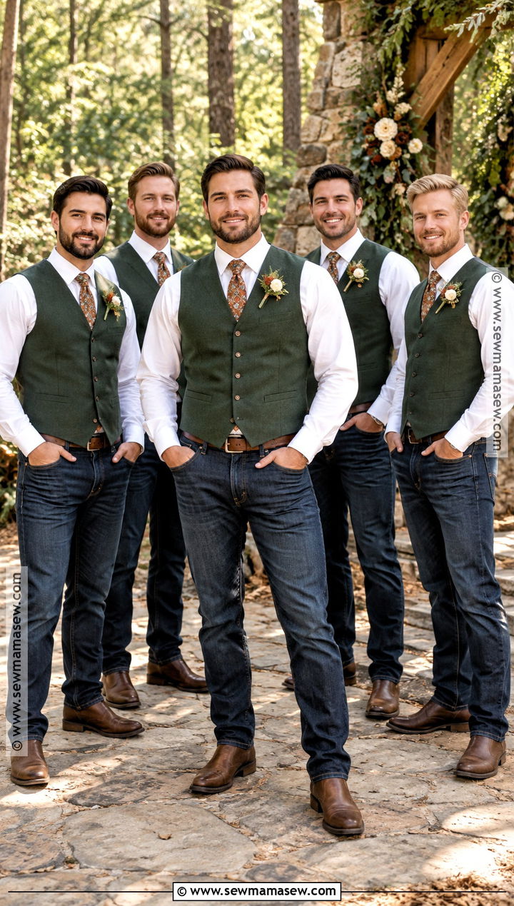 Forest Green Vest Groomsmen Outfit With Blue Jeans - 15 fall wedding groomsmen attire jeans