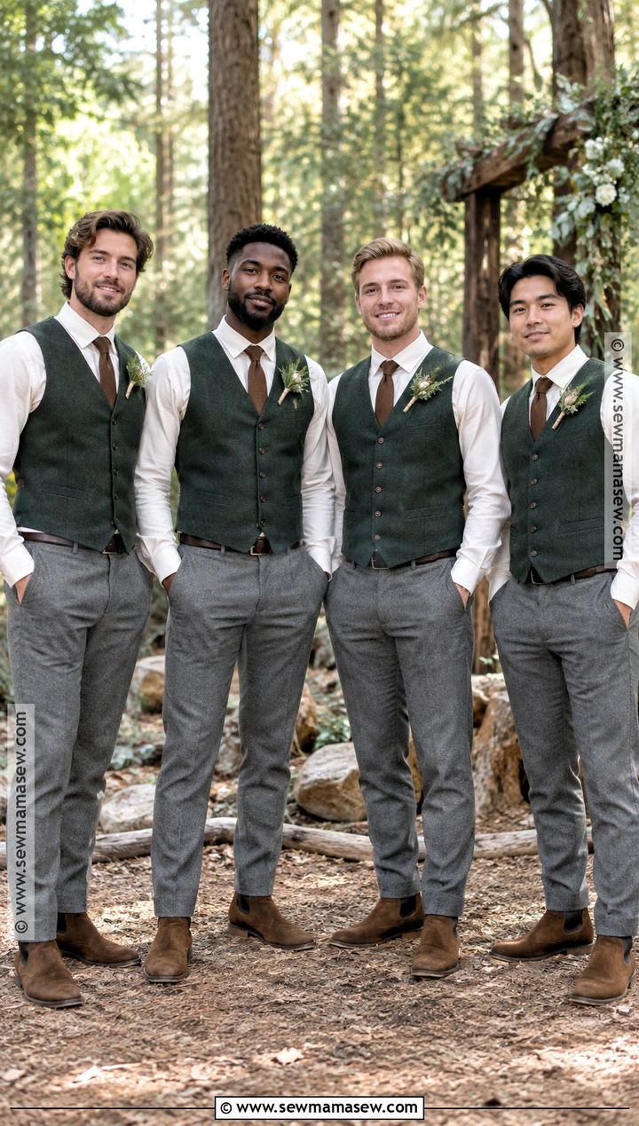 Forest Green Vest With Gray Trousers - 15 fall rustic groomsmen attire ideas