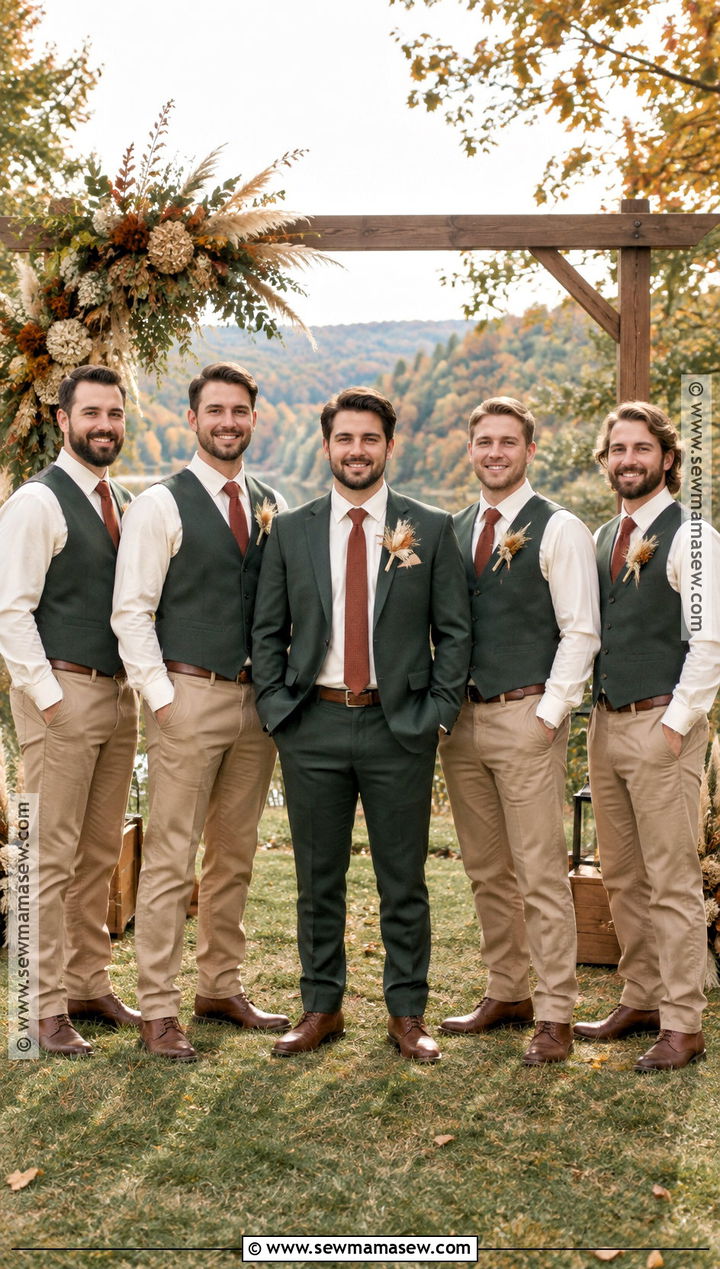 Forest Green Vest With Tan Trousers - 20 fall groomsmen attire rustic ideas
