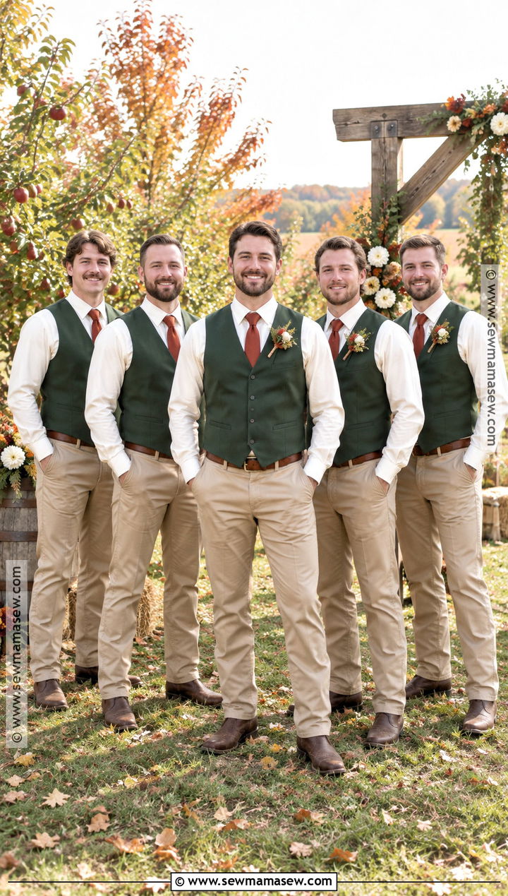 Forest Green Vests With Khaki Trousers - 15 fall western groomsmen attire ideas