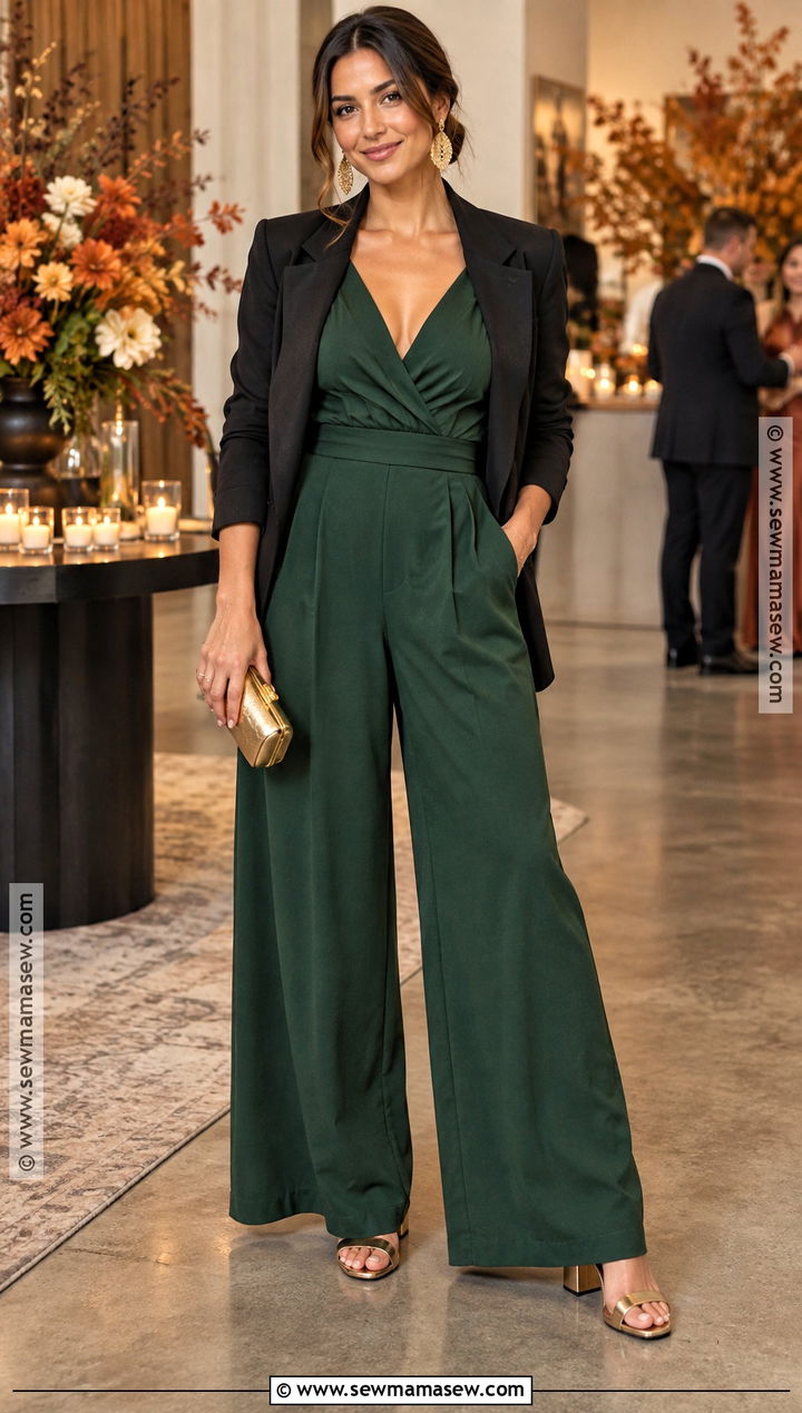 Forest Green Wide Leg Jumpsuit Outfit - 20 fall cocktail attire ideas