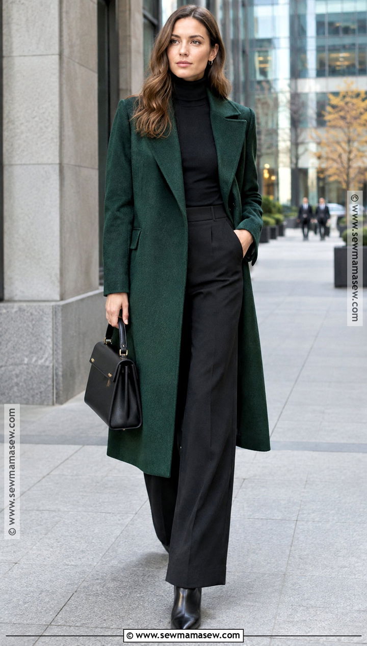Forest Green Wool Coat With Black Trousers - 15 green fall coat ideas