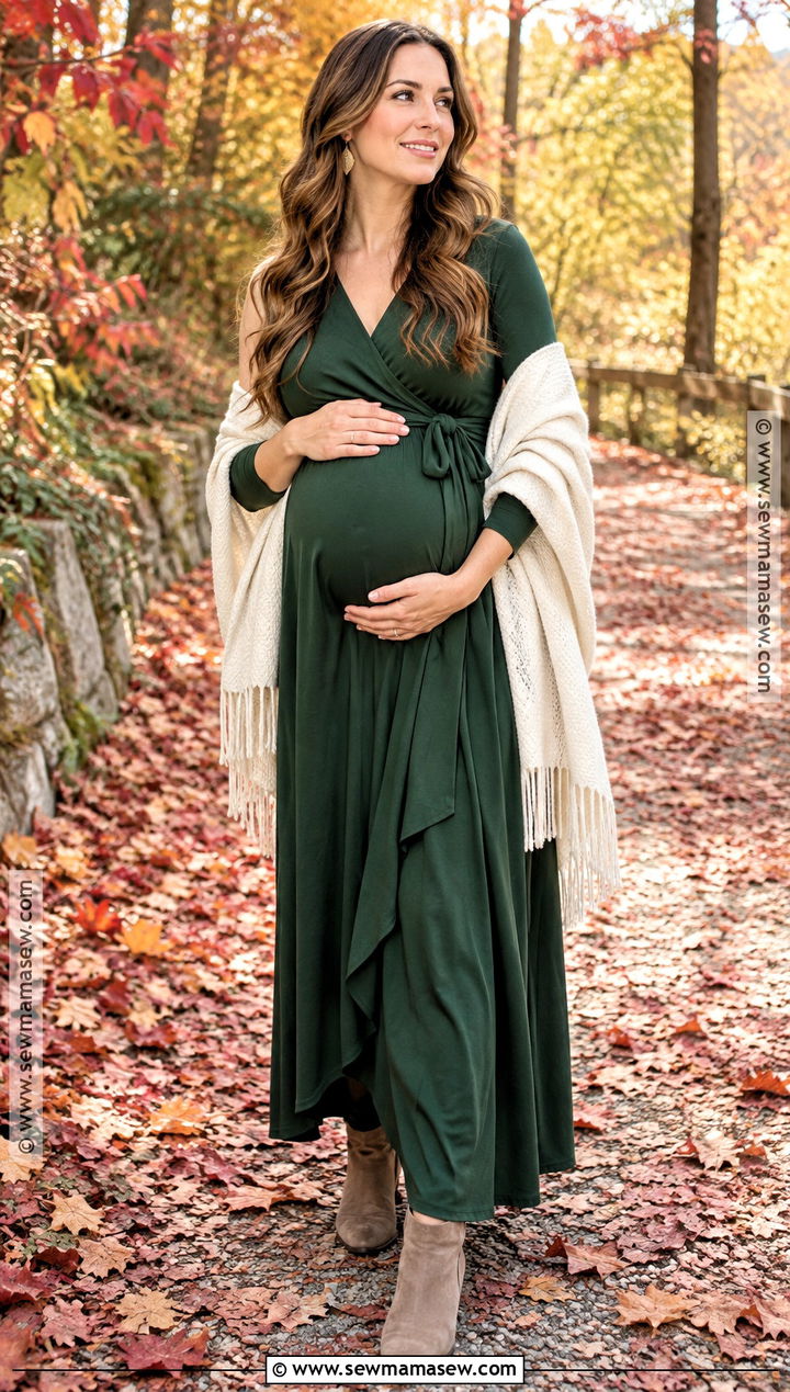 Forest Green Wrap Dress With Neutral Heels - 15 fall maternity photo outfits