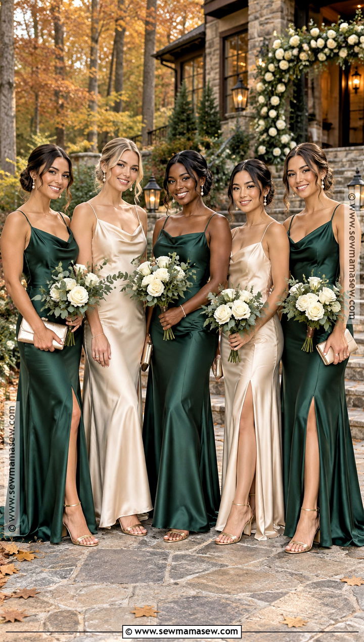 Forest Green and Champagne Bridesmaid Dresses - 15 Fall Wedding Palette Bridesmaid Dress Ideas