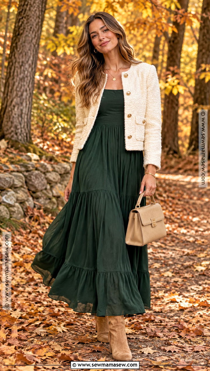 Forest Green and Ivory Maxi Dress Outfit - 15 Fall Outfit Photoshoot Color Schemes Ideas