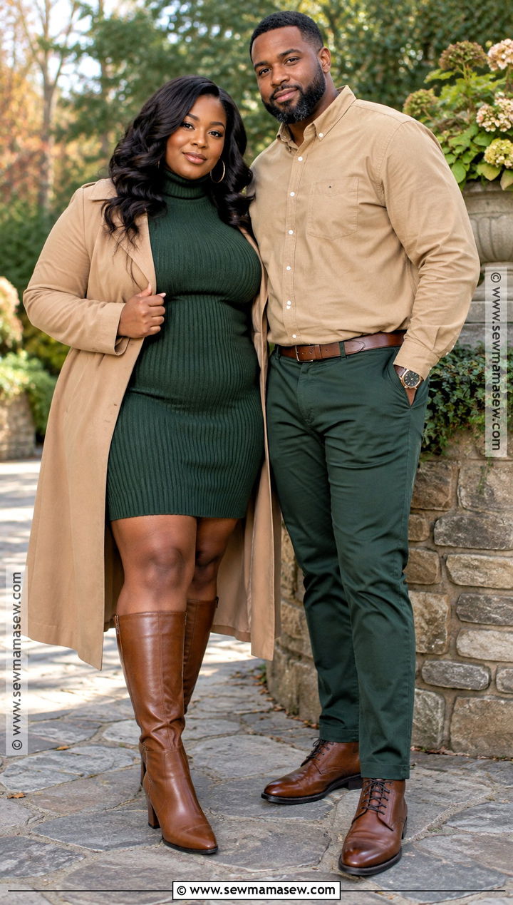 Forest Green and Tan Fall Couple Photo Outfits - 15 Fall Couple Photo Outfits Color Combos