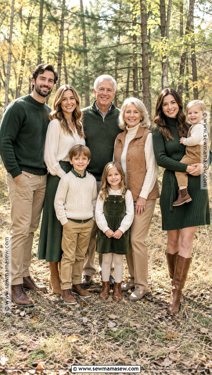 Forest Green and Tan Large Family Fall Picture Outfits - 15 large family picture outfits for fall