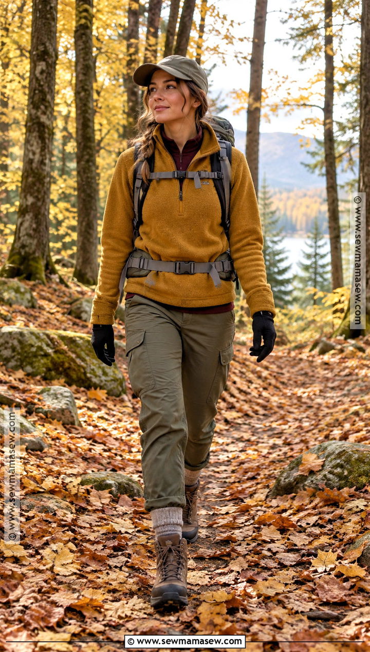 Forest Hiking Outfit With A Fleece And Cargo Pants - 25 hiking outfit fall ideas