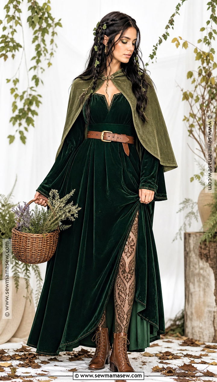 Forest Witch Costume With Green Velvet Dress - 30 long black hair halloween costumes