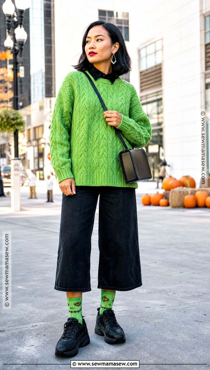 Frankenstein Inspired Halloween Socks With Green Sweater Outfit - 30 Halloween Socks Ideas