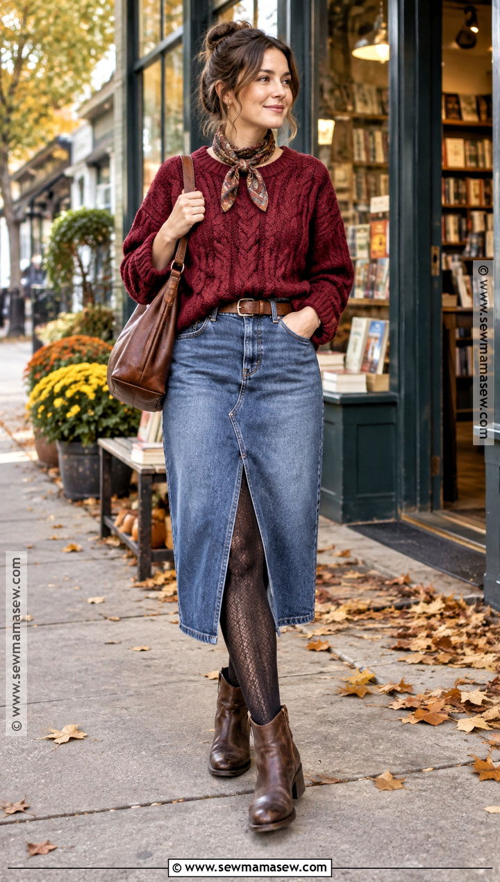Frazzled English Woman Denim Skirt And Chunky Sweater Outfit - 15 frazzled english woman autumn outfits