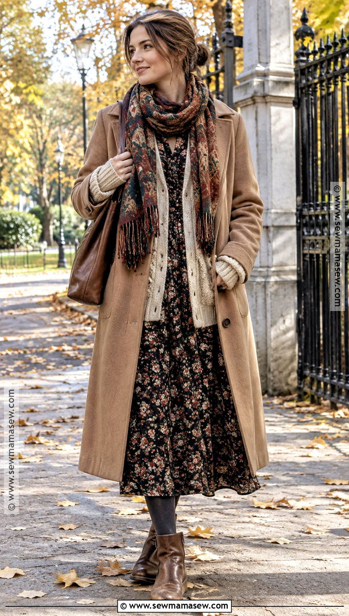 Frazzled English Woman Floral Dress And Wool Coat Outfit - 15 frazzled english woman autumn outfits