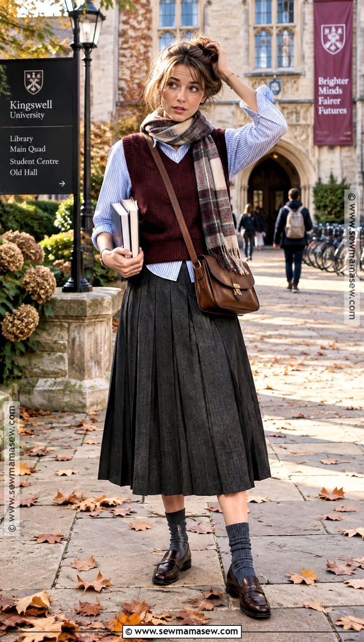 Frazzled English Woman Knit Vest And Pleated Skirt Outfit - 15 frazzled english woman autumn outfits