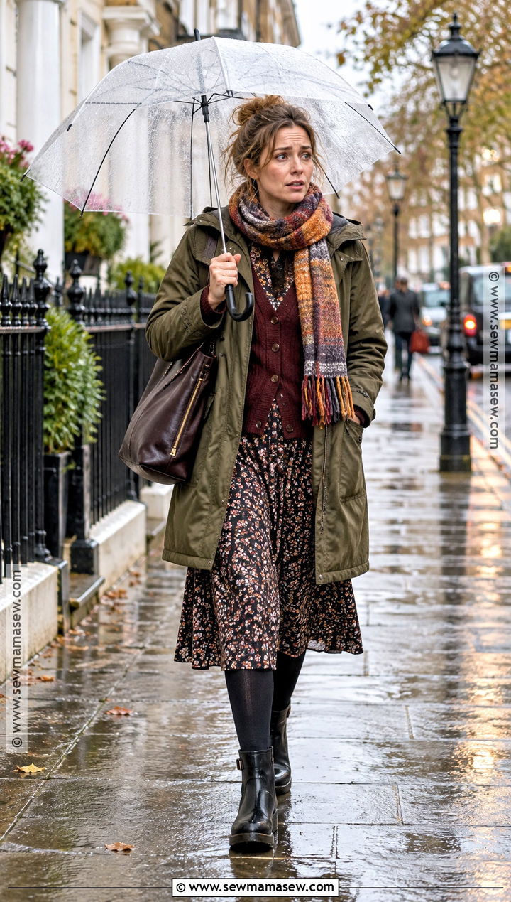 Frazzled English Woman Parka And Midi Dress Outfit - 15 frazzled english woman autumn outfits