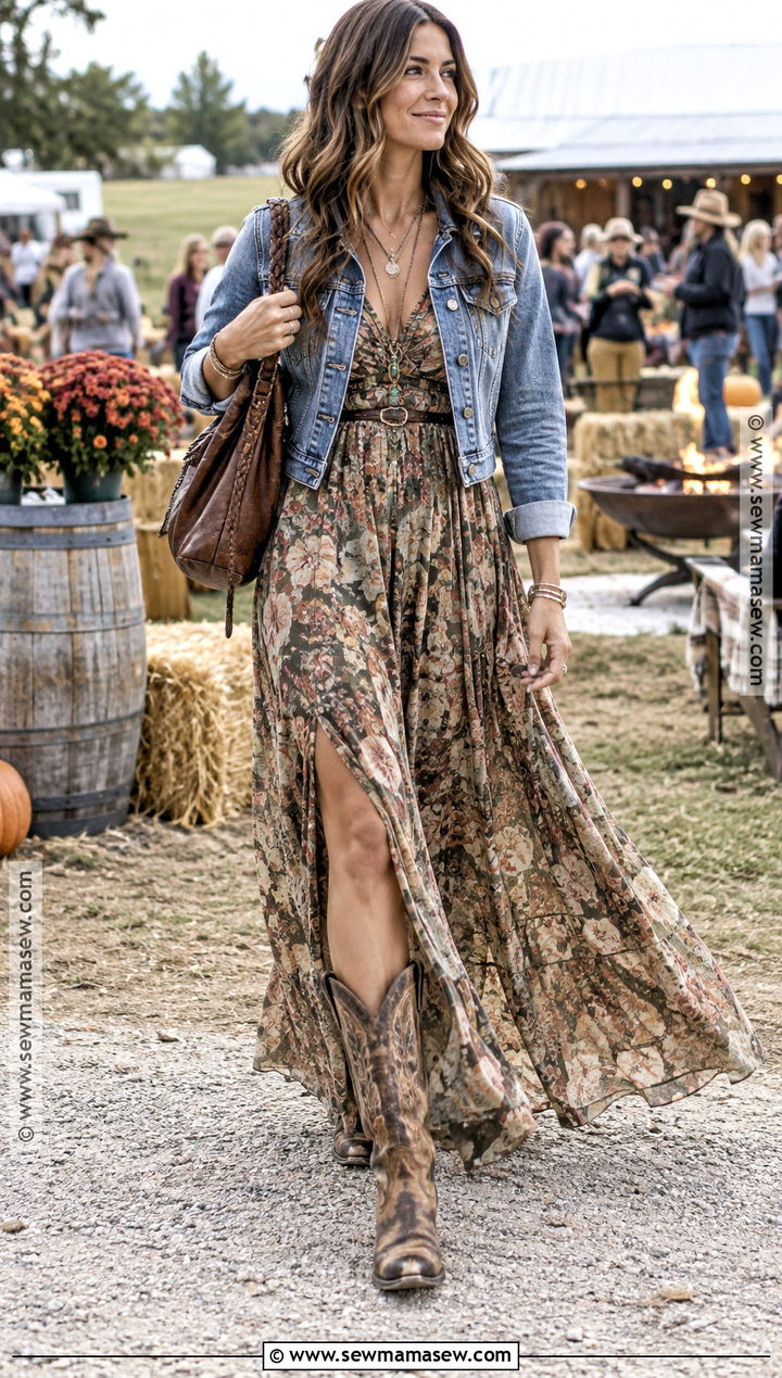 Freebird Boots With Maxi Dress And Denim Jacket - 15 freebird boots outfit fall