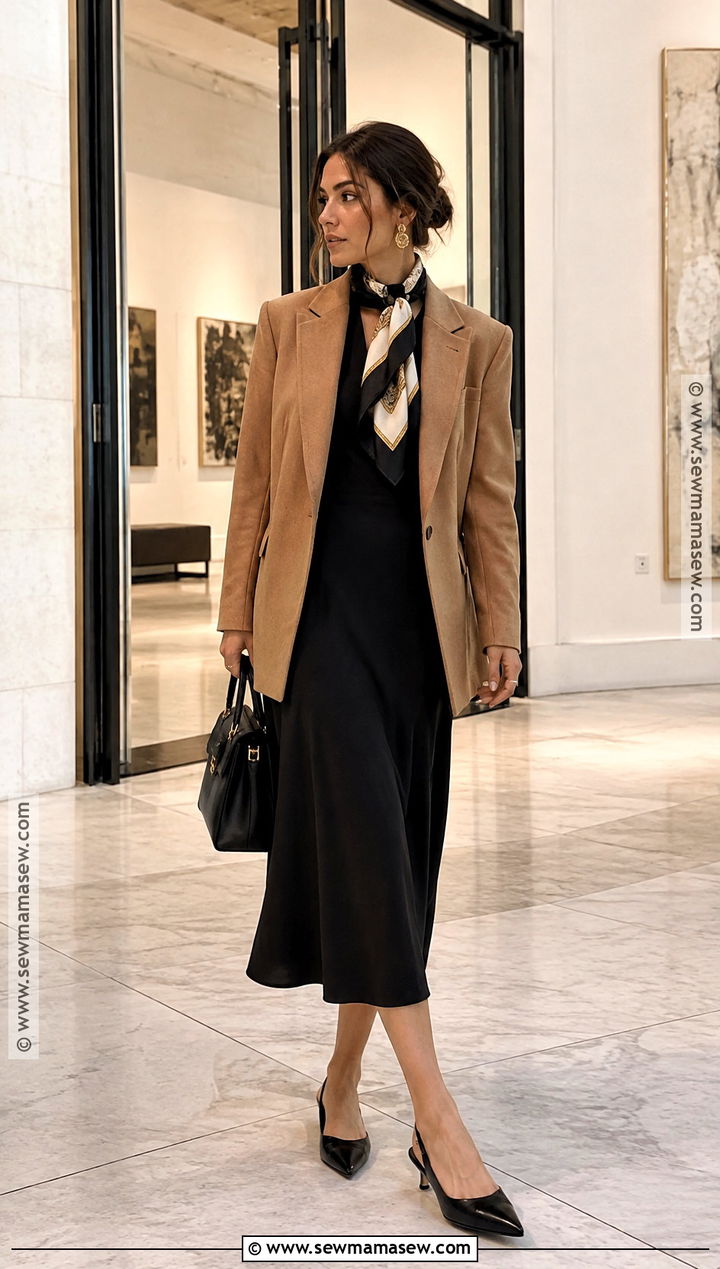 French Autumn Black Midi Dress and Blazer Outfit - 25 French Autumn Style Ideas