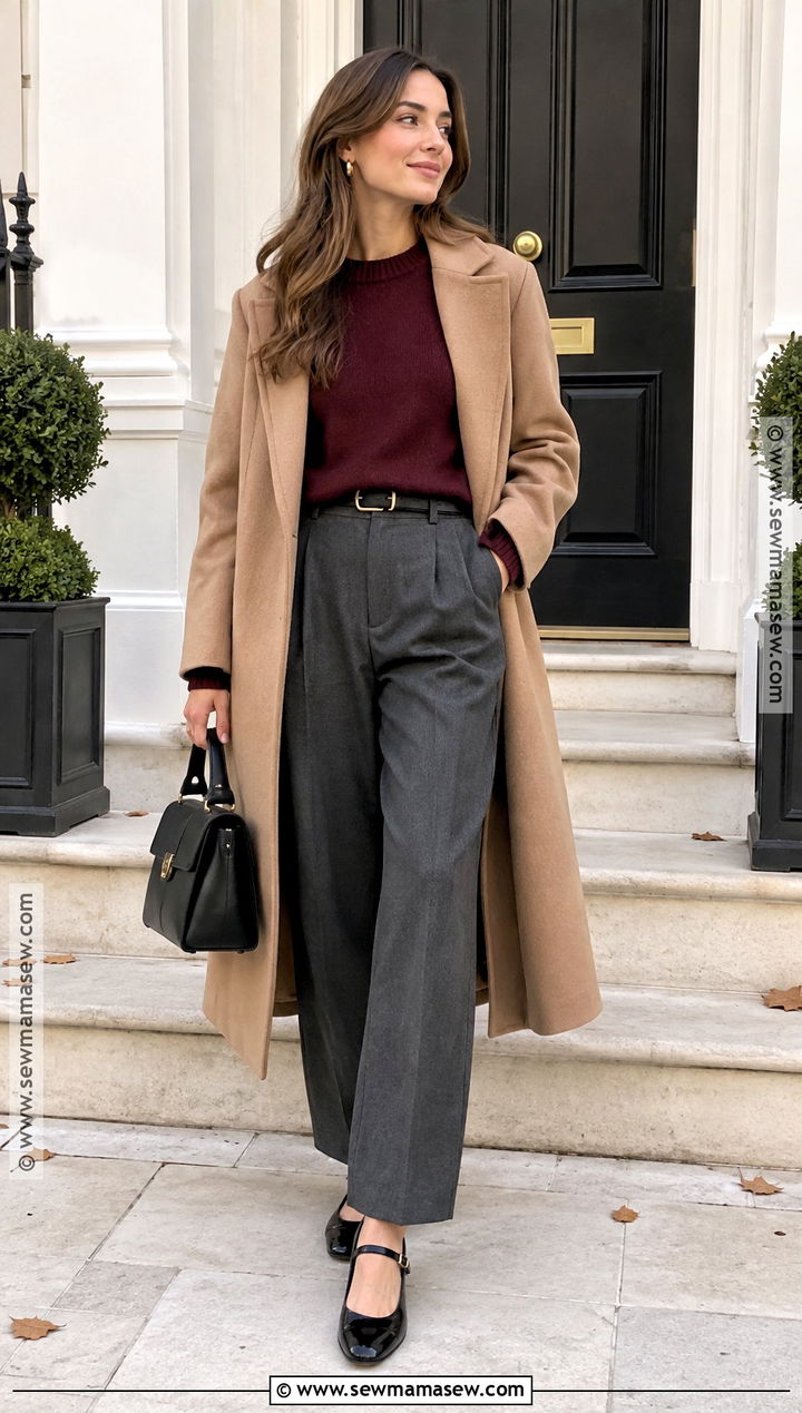 French Autumn Burgundy Sweater and Gray Trousers Outfit - 25 French Autumn Style Ideas