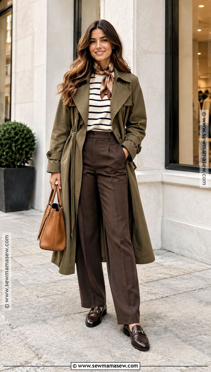 French Autumn Olive Trench and Brown Trousers Outfit - 25 French Autumn Style Ideas