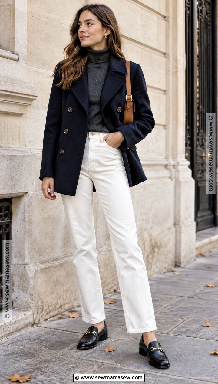 French Autumn Peacoat and White Jeans Outfit - 25 French Autumn Style Ideas