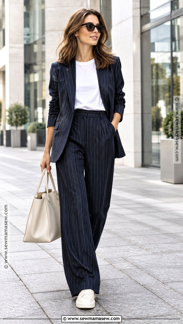 French Autumn Pinstripe Suit and Sneakers Outfit - 25 French Autumn Style Ideas