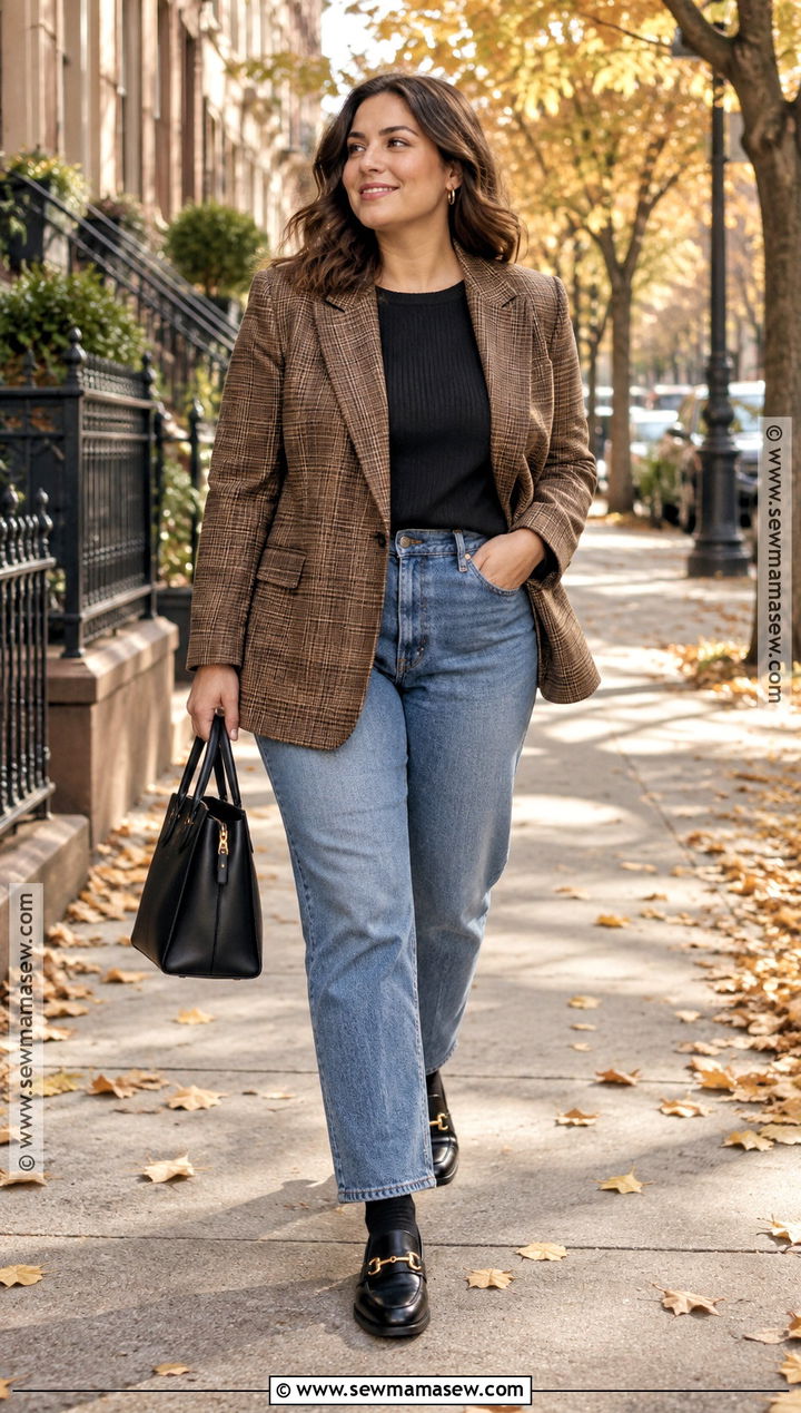 French Autumn Plaid Blazer and Loafers Outfit - 25 French Autumn Style Ideas