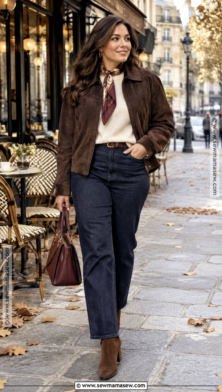 French Autumn Suede Jacket and Dark Jeans Outfit - 25 French Autumn Style Ideas