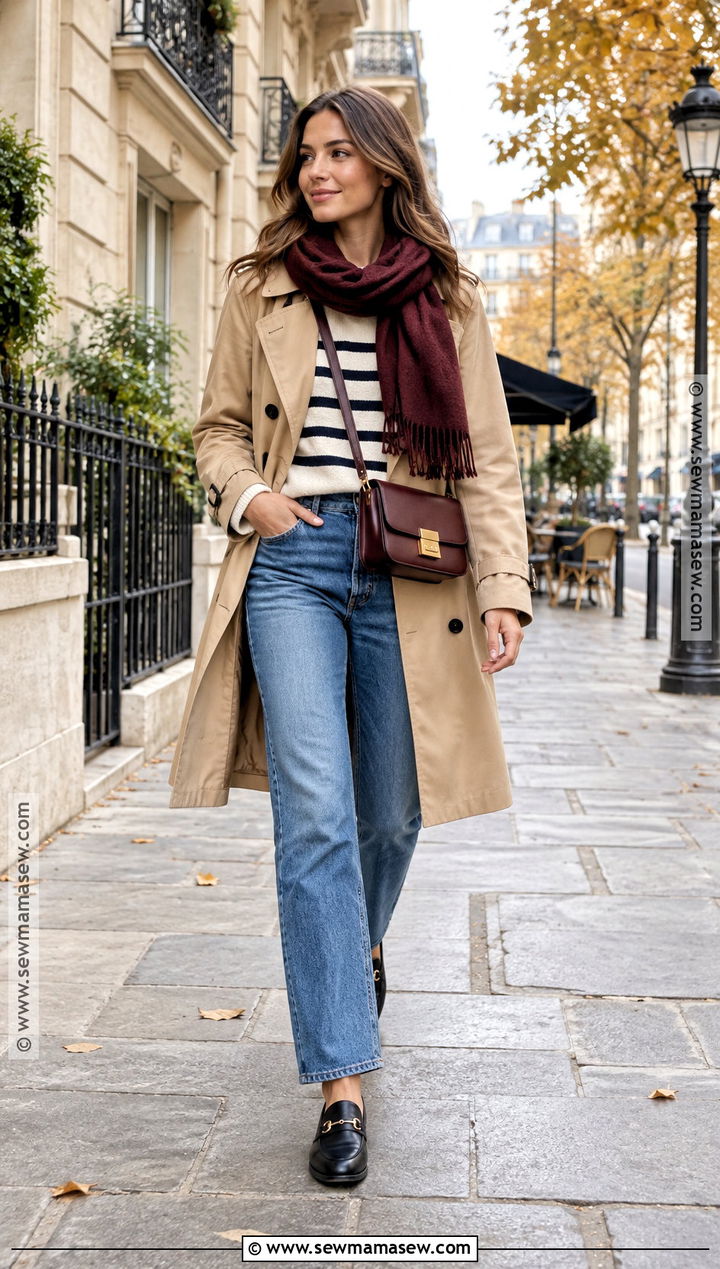 French Autumn Trench Coat and Jeans Outfit - 25 French Autumn Style Ideas
