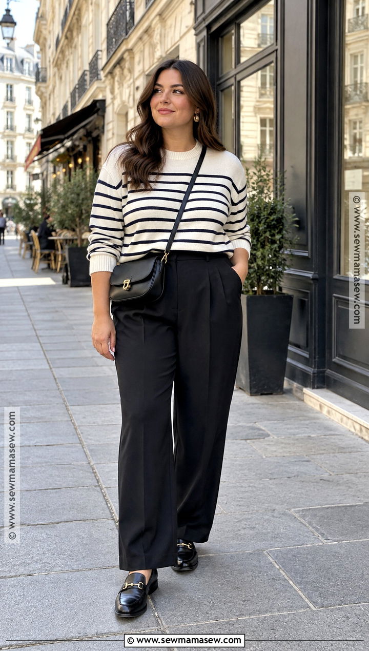 French Breton Sweater And Black Trousers Outfit - 15 french street style fall ideas