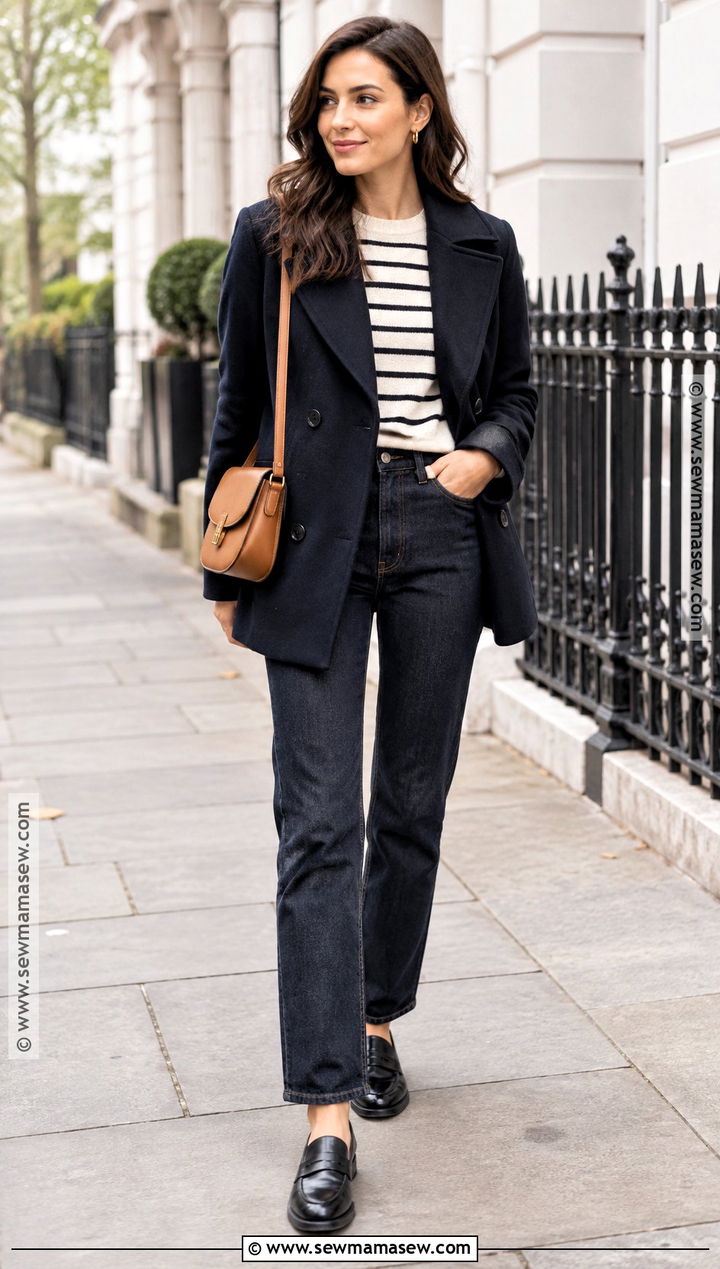 French Fall Breton Sweater and Dark Jeans Outfit - 15 Capsule Wardrobe France Fall Ideas