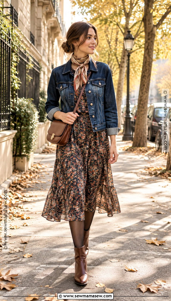French Fall Denim Jacket and Midi Dress Outfit - 20 french girl fall style ideas