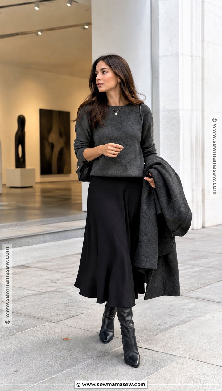 French Fall Gray Sweater and Black Midi Skirt Outfit - 15 Capsule Wardrobe France Fall Ideas
