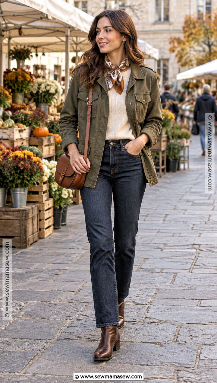 French Fall Utility Jacket and Knit Top Outfit - 15 Capsule Wardrobe France Fall Ideas