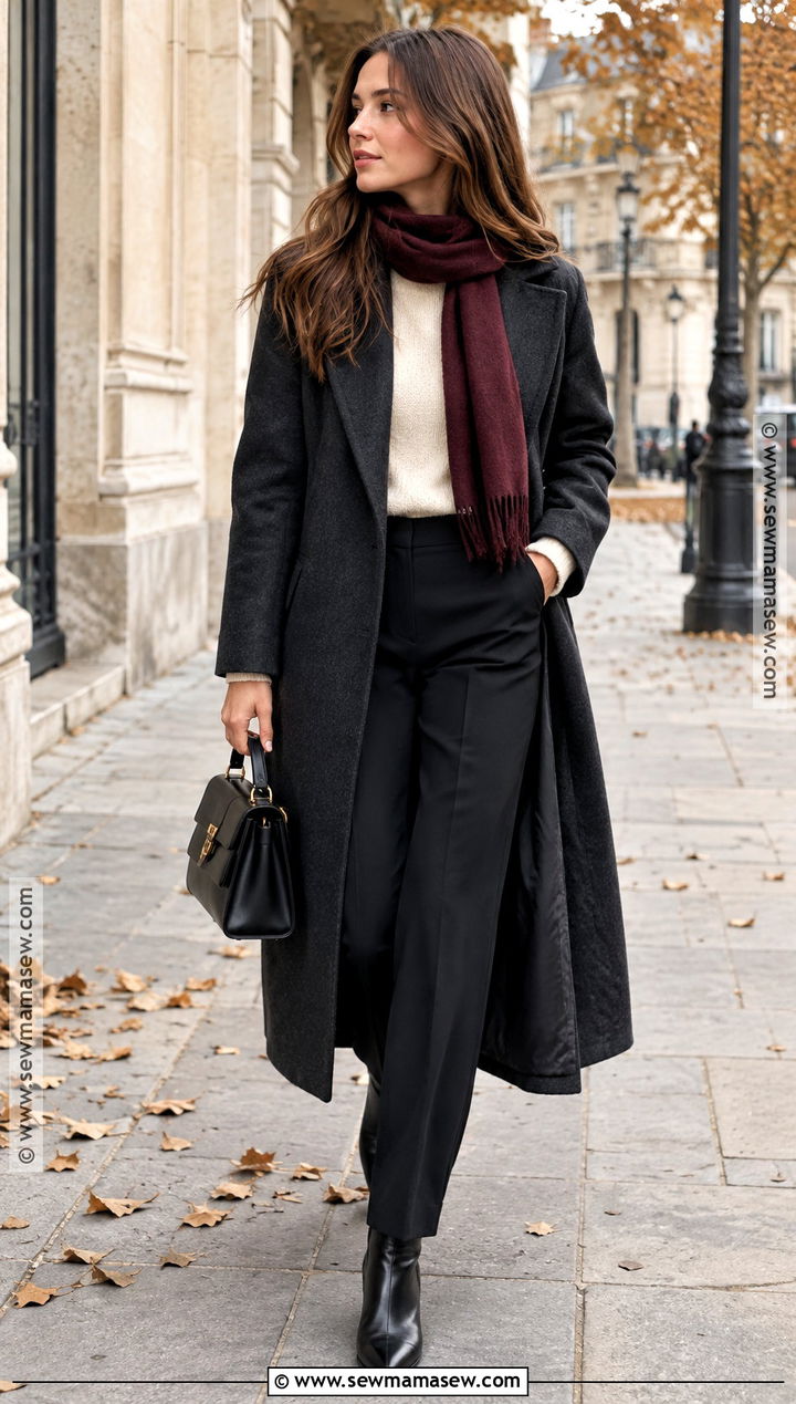 French Fall Wool Coat and Scarf Outfit - 20 french girl fall style ideas