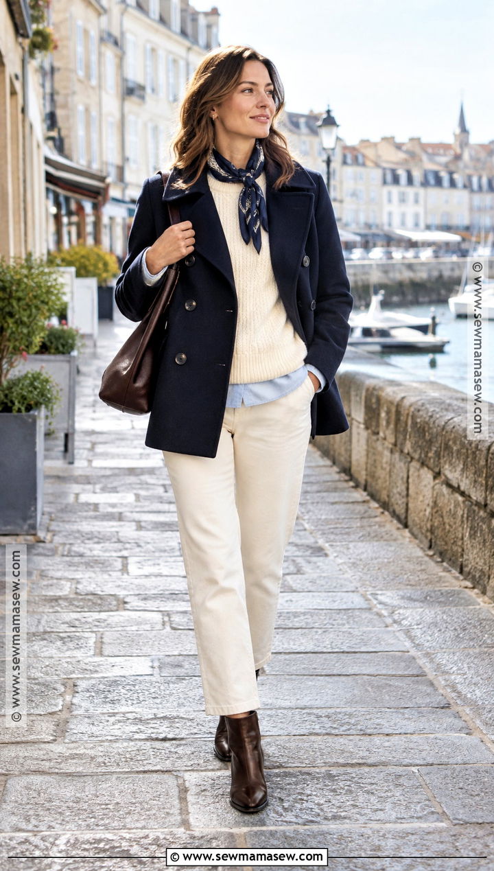 French Navy Peacoat and Ecru Pants Outfit - 25 french fall outfits