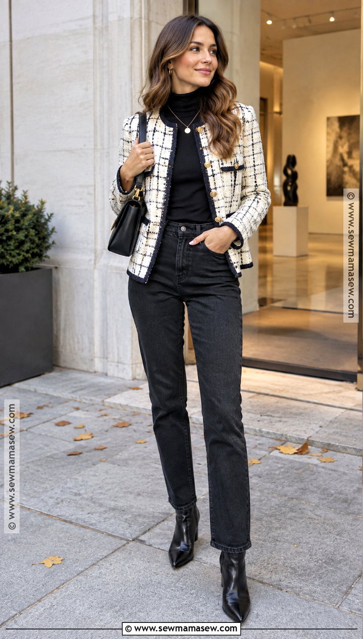 French Tweed Jacket and Black Jeans Outfit - 15 classic french fall outfits