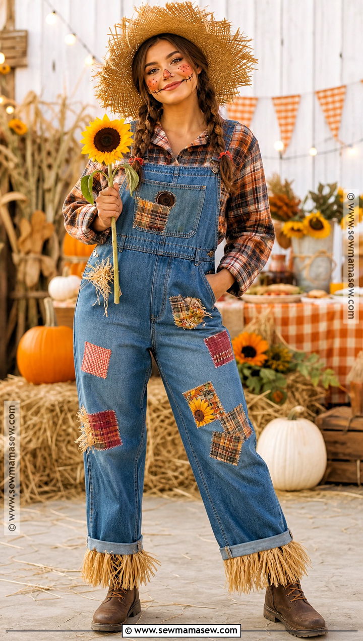 Friendly Scarecrow Costume With Patchwork Overalls - 30 Halloween Party Costume Ideas