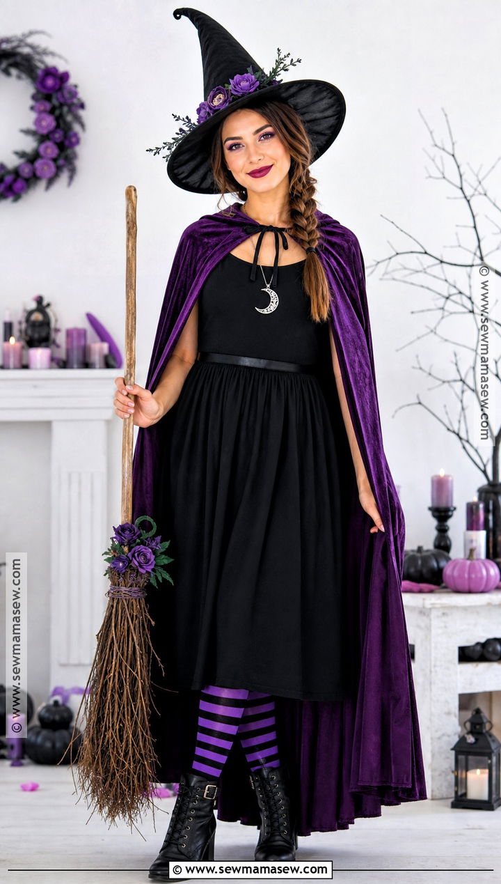 Friendly Witch Costume With A Purple Cape - 40 cute easy halloween costumes