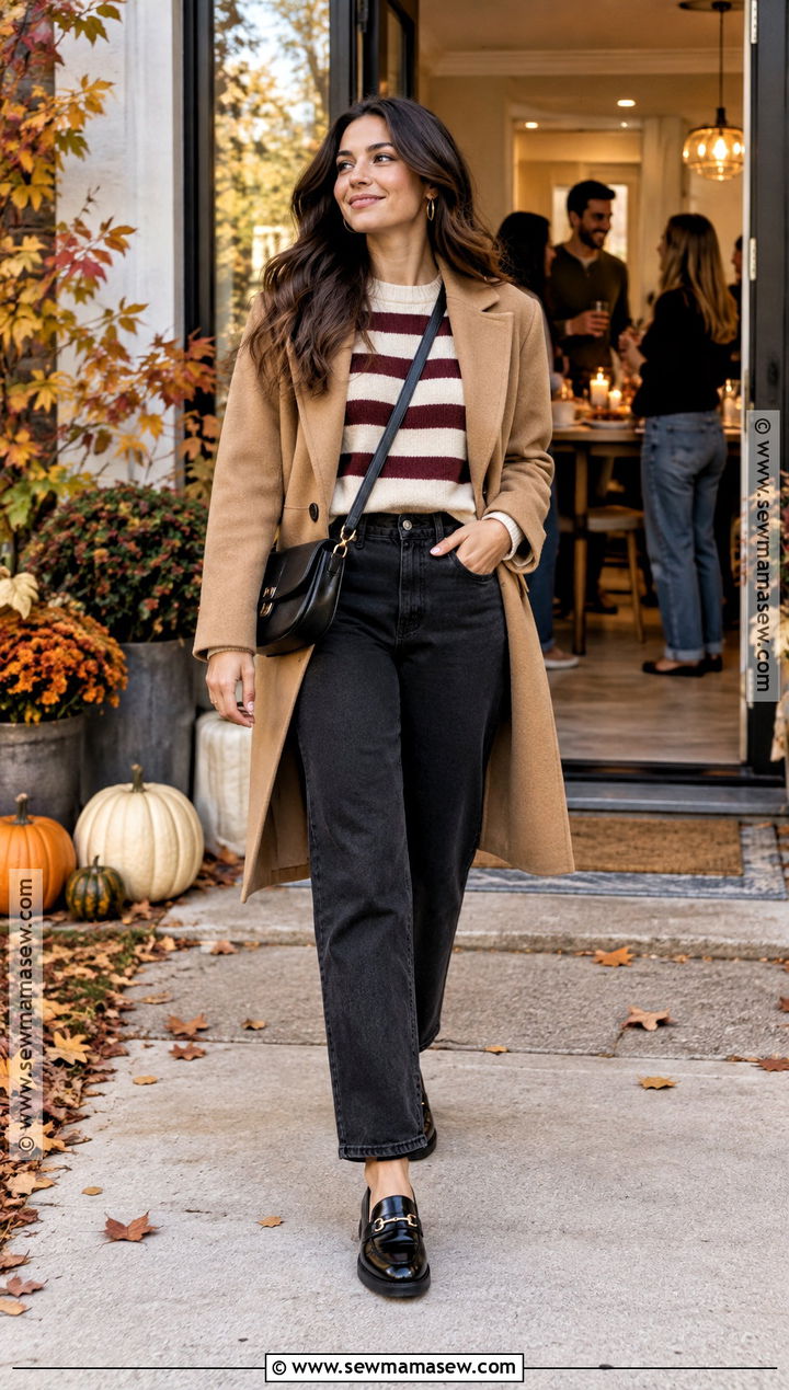 Friendsgiving Black Jeans Outfit With Striped Sweater - 30 friendsgiving outfit ideas
